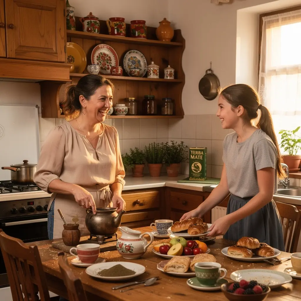 Yerba mate teázás, ahol a gőzölgő ital színes mintás bögrében van.