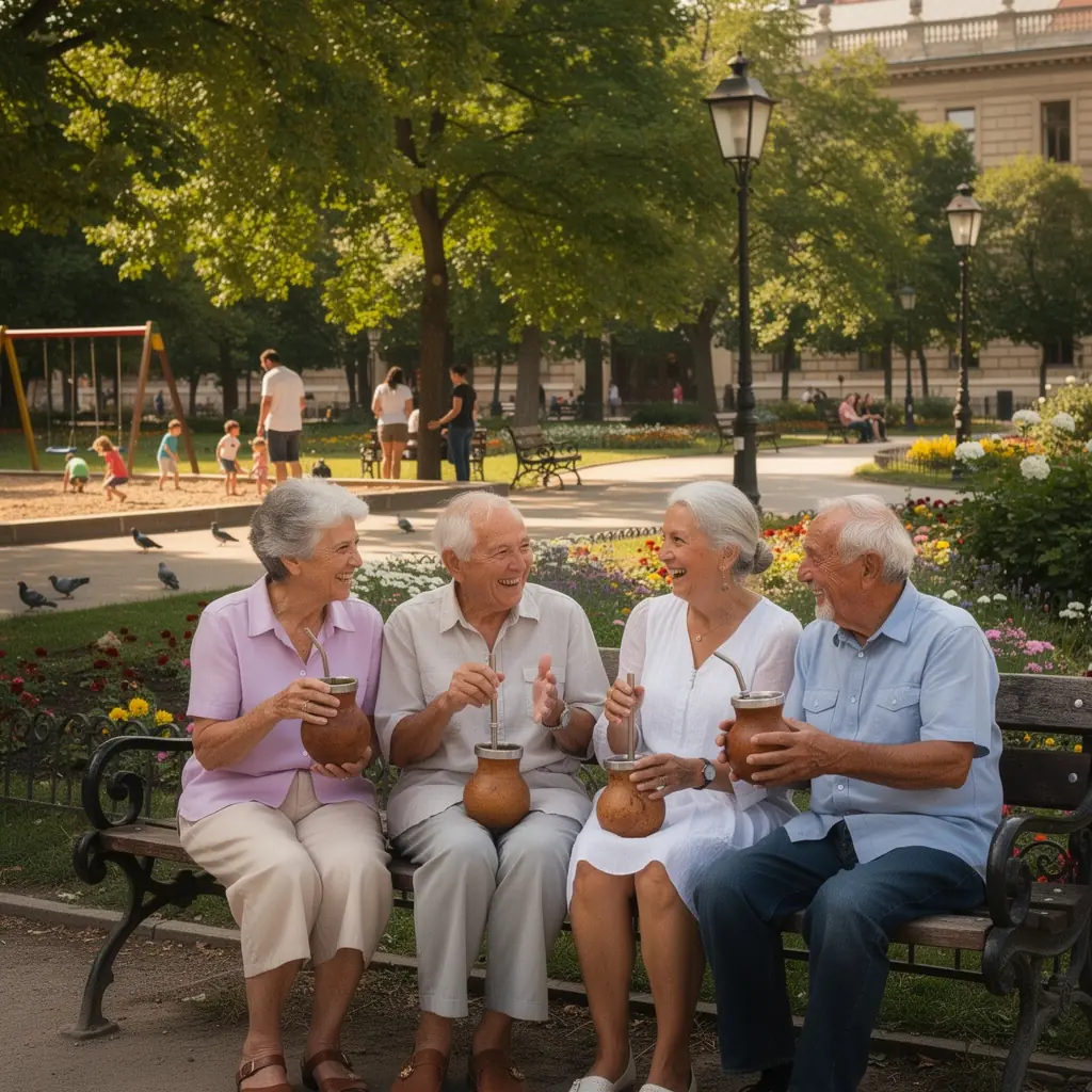 Tradicionális mate szertartás, ahol barátok együtt élvezik az italt.