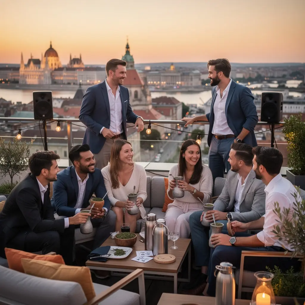 Különböző ízesített yerba mate italok széles választéka egy asztalon.