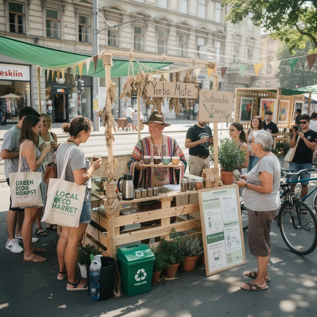 Zöld dombok és fűszálak között álló mate ültetvény, naplementében.